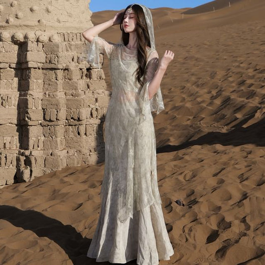 Hooded Slit Lace Long Top & Crop Cami & Tie Dye Maxi Skirt Set