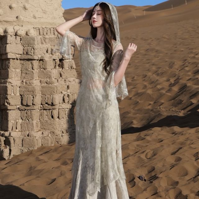 Hooded Slit Lace Long Top & Crop Cami & Tie Dye Maxi Skirt Set