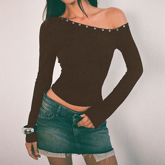 One-Shoulder Long Sleeve Grommet-Detail Top