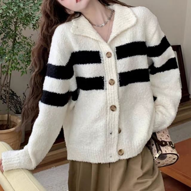 Striped Stand Collar Knit Cardigan