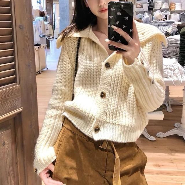Chunky Knit Collared Plain Cardigan