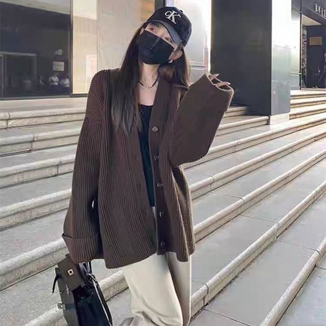 Drop-Shoulder Ribbed Plain Knit Cardigan