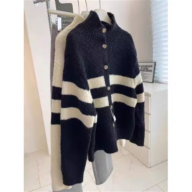 Striped Stand Collar Knit Cardigan