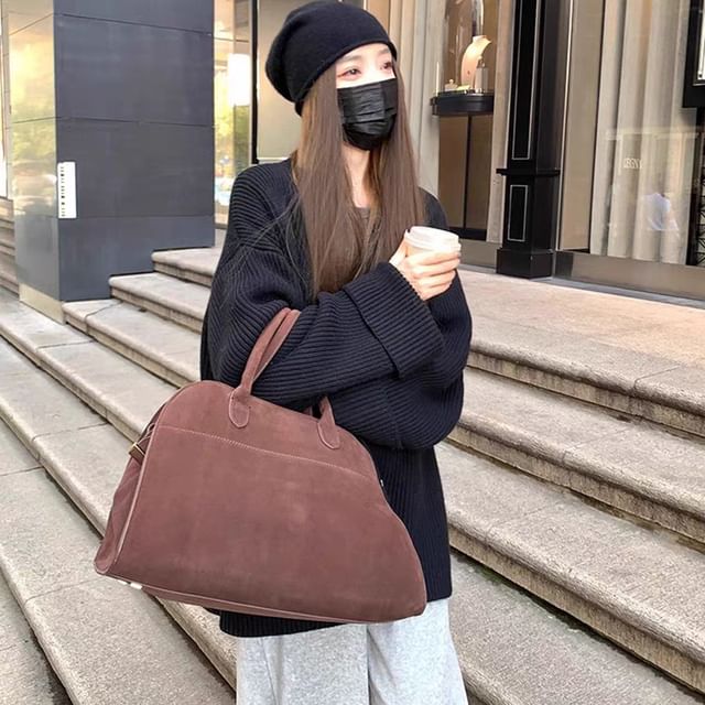 Drop-Shoulder Ribbed Plain Knit Cardigan