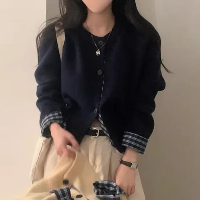 Plaid Panel Round Neck Cardigan