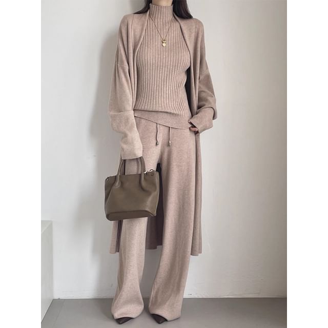 Ribbed Knit Turtleneck Tank Top & Open Front Cardigan & Drawstring Waist Wide Leg Pants Set