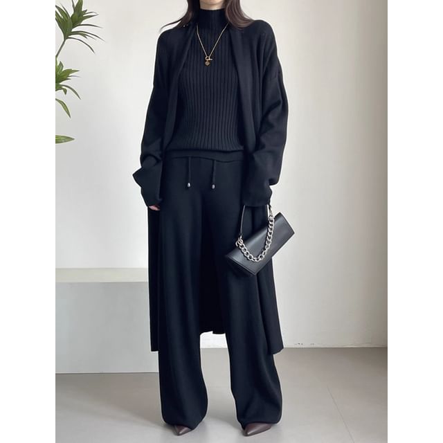 Ribbed Knit Turtleneck Tank Top & Open Front Cardigan & Drawstring Waist Wide Leg Pants Set