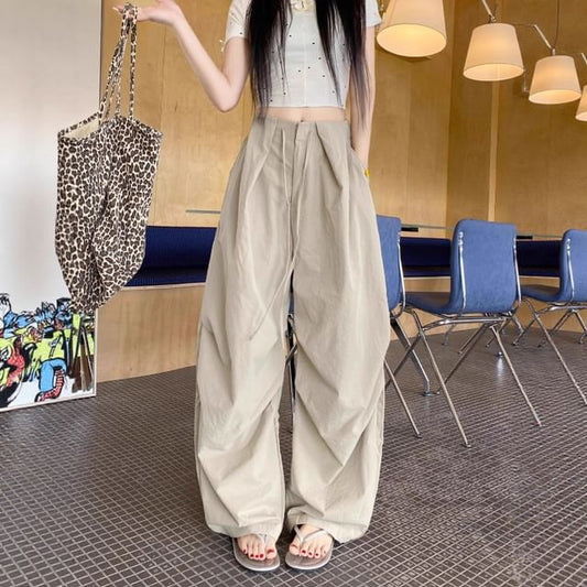 High Waist Plain Barrel Leg Baggy Cargo Pants