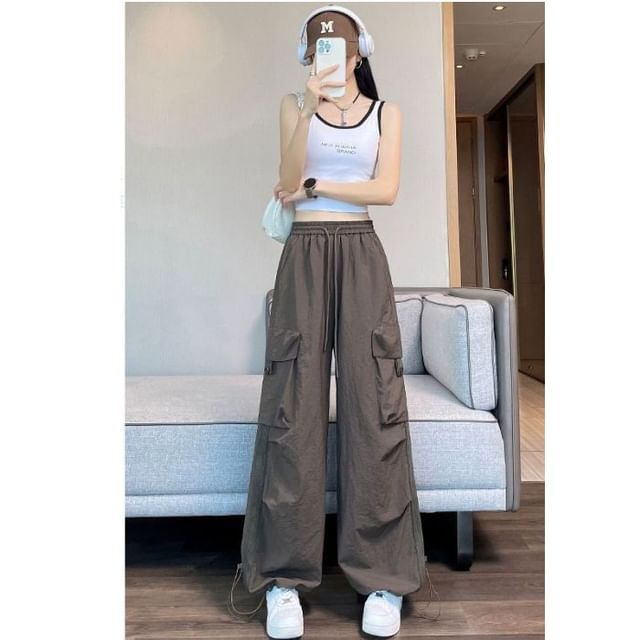 Drawstring Waist Plain Wide Leg Cargo Pants