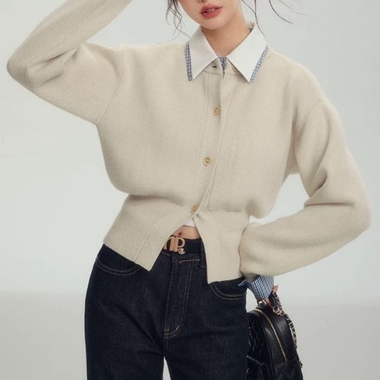 Collar Plain Mock Two-Piece Cardigan