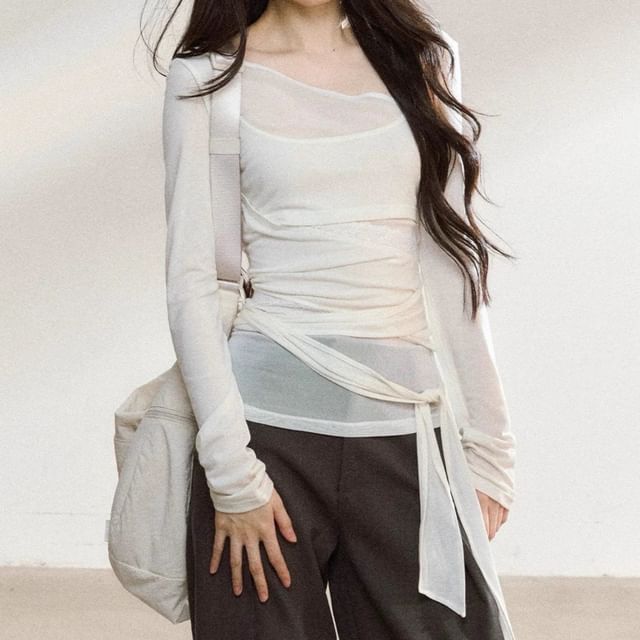 Long-Sleeve Asymmetrical Neck Plain Tie Waist Tee / High Rise Wide Leg Pants