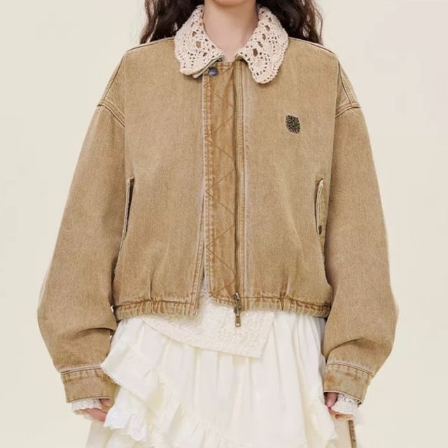 Drop-Shoulder Washed Denim Zip Jacket