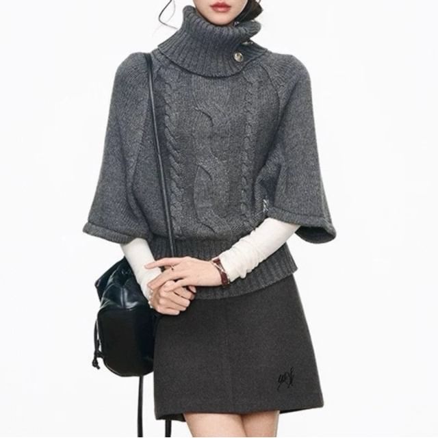 Elbow-Sleeve Turtleneck Plain Cable-Knit Sweater / High Waist Mini A-Line Skirt