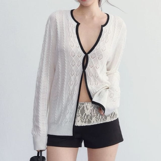 V-Neck Plain Contrast Trim Pointelle Knit Sweater / Low Rise Lace Trim Hot Pants