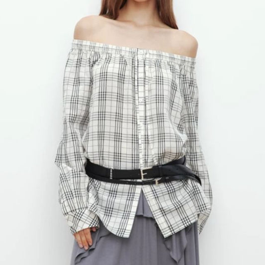 Long-Sleeve Off-Shoulder Plaid Blouse