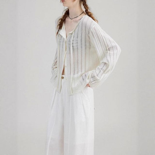 Plain Lace-Up Ribbed Cardigan