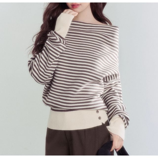 Off-Shoulder Striped Sweater / Mid Waist Plain Wide Leg Pants