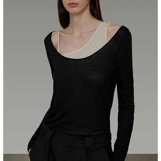 Set: Asymmetrical Neck Plain Tank Top + Long-Sleeve Scoop Neck Tee