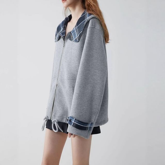 Plain Plaid Panel Hooded Zip Jacket