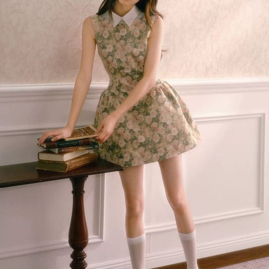 Sleeveless Collar Floral A-Line Dress