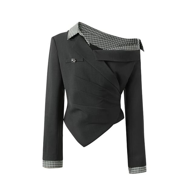 Long-Sleeve One-Shoulder Asymmetrical Blouse / High Waist Plain Wide Leg Pants