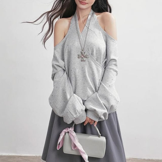 Cold-Shoulder Star Print Sweatshirt