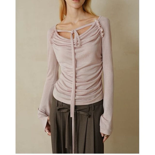 Long-Sleeve Cowl Neck Plain Ruched T-Shirt
