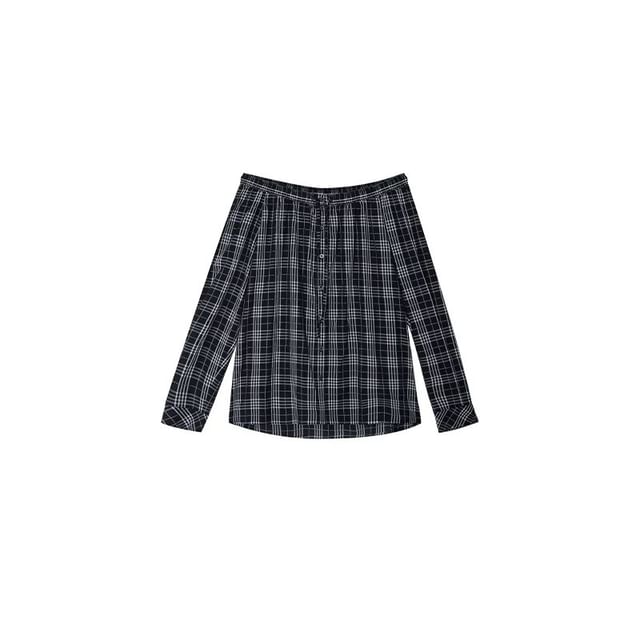 Long-Sleeve Off-Shoulder Plaid Blouse