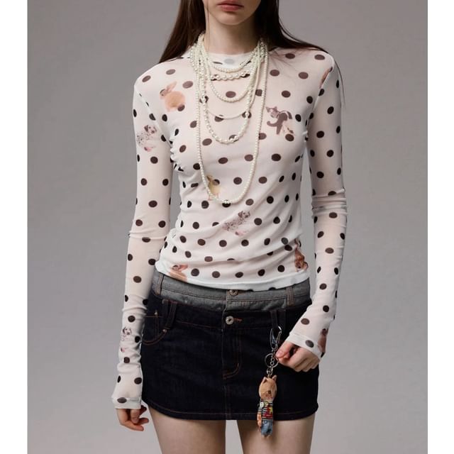 Long-Sleeve Crew Neck Dotted T-Shirt