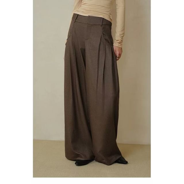 Long-Sleeve V-Neck Plain Mock Two-Piece Knit Top / Mid Rise Striped Wide Leg Pants