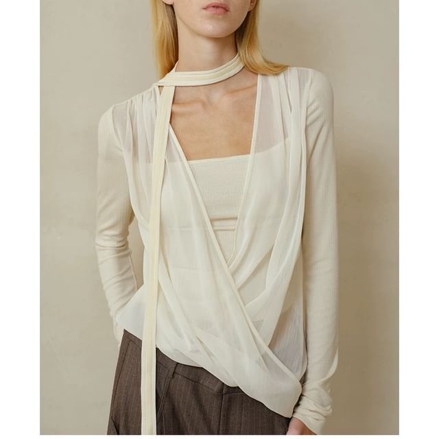 Long-Sleeve V-Neck Plain Mock Two-Piece Knit Top / Mid Rise Striped Wide Leg Pants