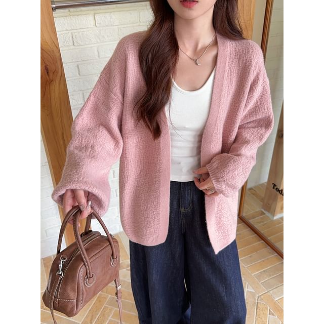 Textured Open Front Plain Knit Cardigan