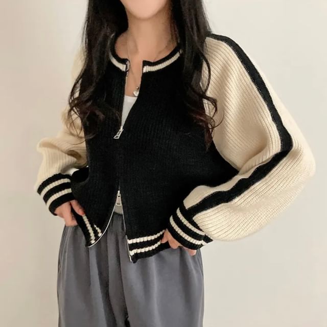 Two Tone Zip Front Cardigan