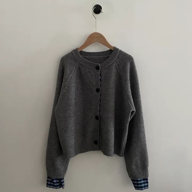 Plaid Trim Crewneck Button Cardigan