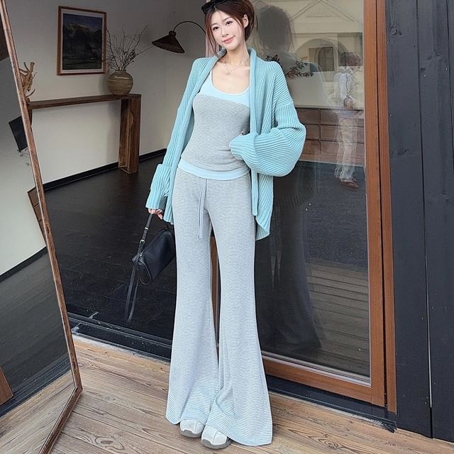 Ribbed Open Front Cardigan & Striped Panel Camisole Top & Drawstring Waist Flared Pants Set