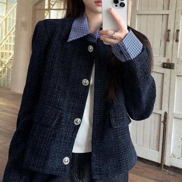 Collared Plaid Mock Two Piece Panel Tweed Button Jacket