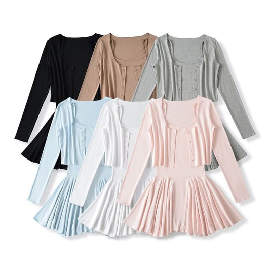 Spaghetti Strap Plain Mini A-Line Dress & Round Neck Crop Cardigan Set