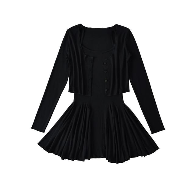 Spaghetti Strap Plain Mini A-Line Dress & Round Neck Crop Cardigan Set