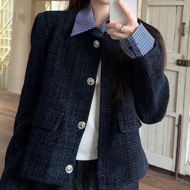 Plaid Collar Button-Up Tweed Jacket