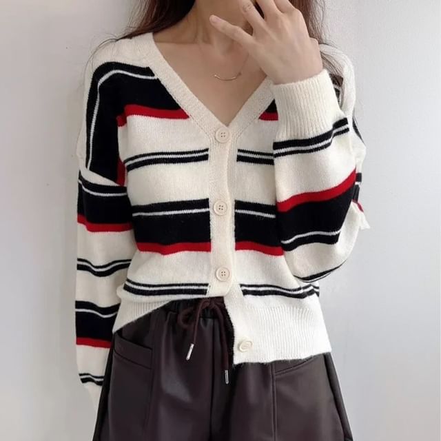Striped V-Neck Knit Cardigan