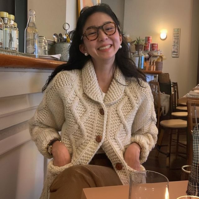 Cable-Knit Collared Plain Cardigan