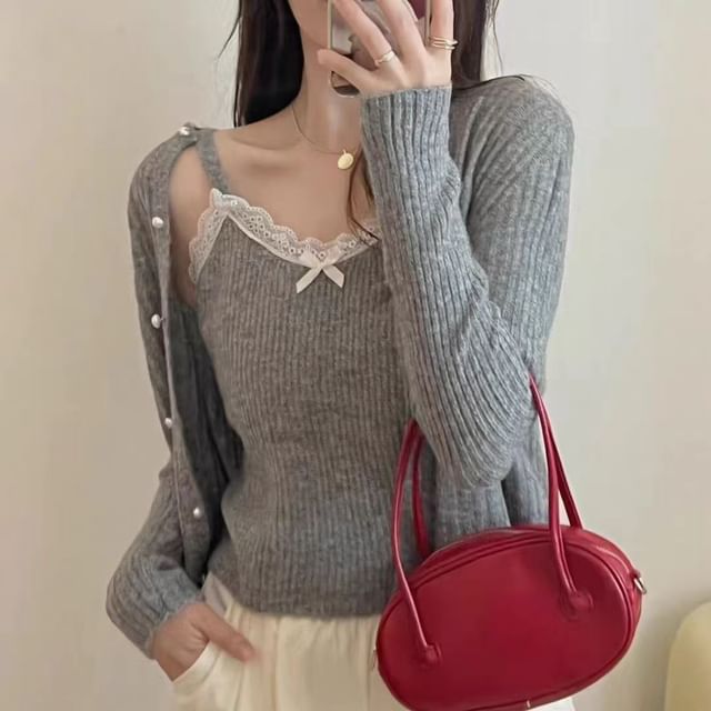 Lace Knit Cami Top and Faux Pearl Button Cardigan Set