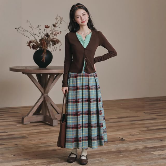 Notch Neck Two Tone Button-Up Cardigan & High Waist Plaid Pleated Midi A-Line Skirt Set