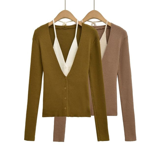 Halter V-Neck Two Tone Mock Two-Piece Button-Up Cardigan