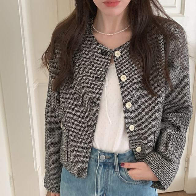 Round Neck Tweed Button Jacket