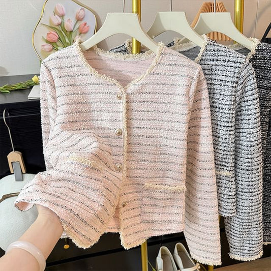 V-Neck Tweed Button Jacket