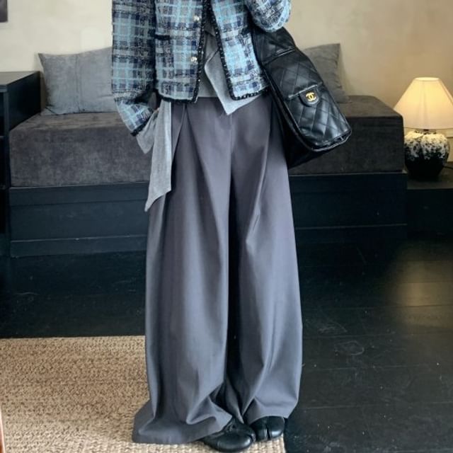 Plaid Tweed Button Jacket / Long-Sleeve Ruffle Trim Slim Fit T-Shirt / High Rise Wide Leg Slacks