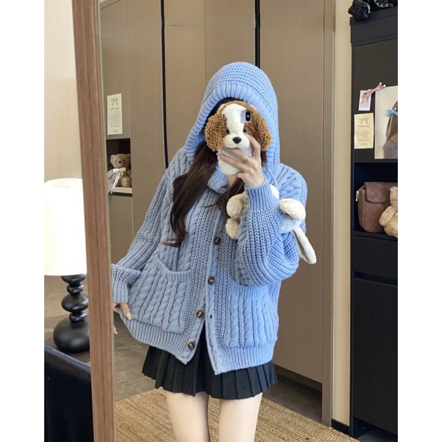 Hooded Cable-Knit Plain Cardigan
