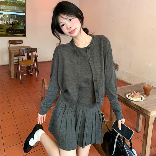 Crew Neck Knit Tank, Pleated Mini Skirt, and Cardigan Set