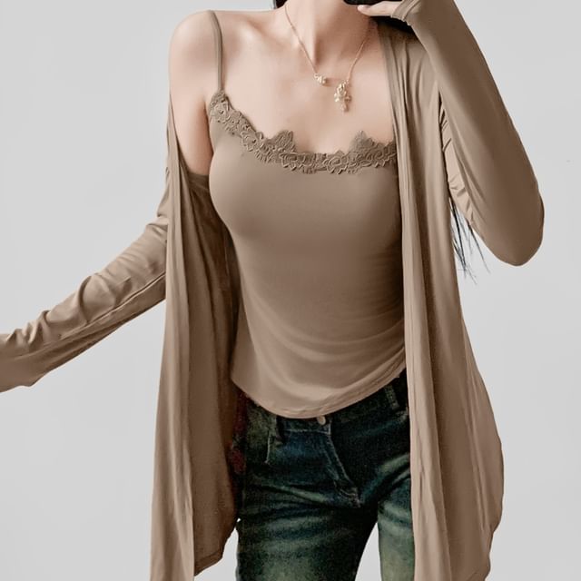 Scoop Neck Lace Trim Cami with Open Cardigan Set
